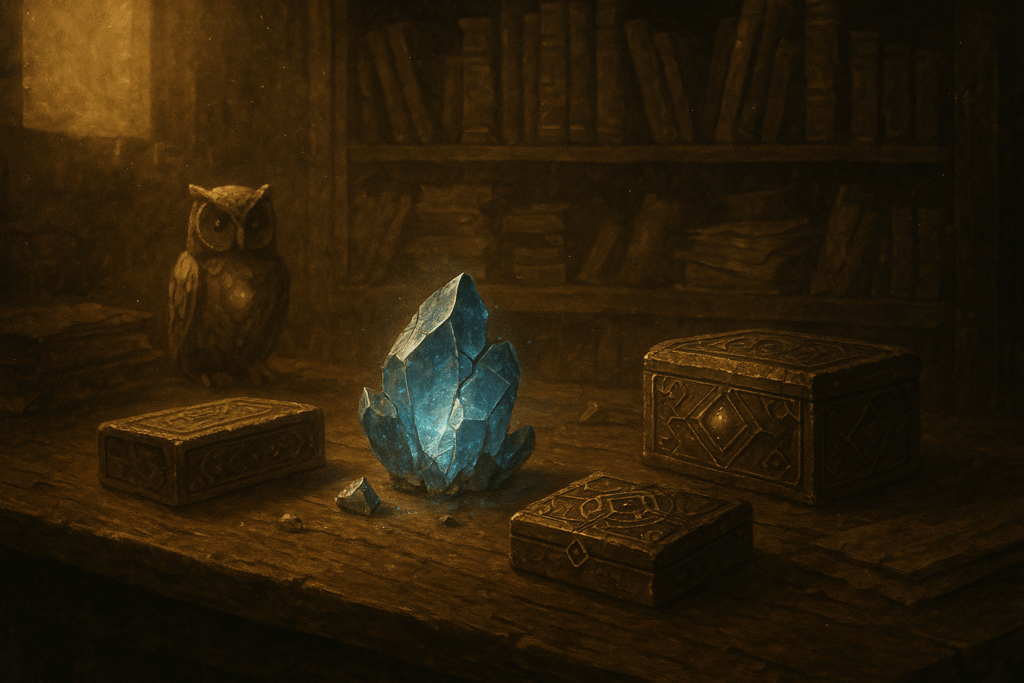 Artefacts mystiques et fragments Pimprenelle Studio : cristal bleu lumineux, boîtes anciennes gravées et statuette dans une bibliothèque oubliée.