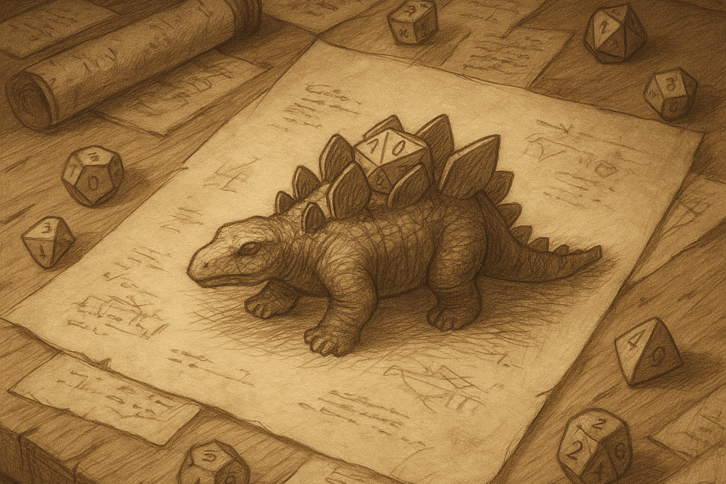 Dégosaure, artefact mystique Pimprenelle Studio, croquis archéologique sur parchemin ancien entouré de dés polyédriques et de notes manuscrites.