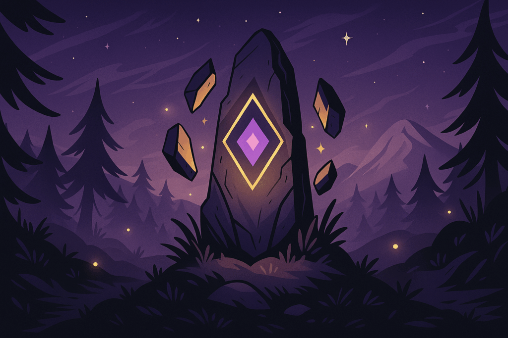 Illustration d’ambiance représentant un paysage mystique avec des fragments lumineux flottant dans une lumière violette, symbolisant la légende des Fragments de Pimprenelle Studio.